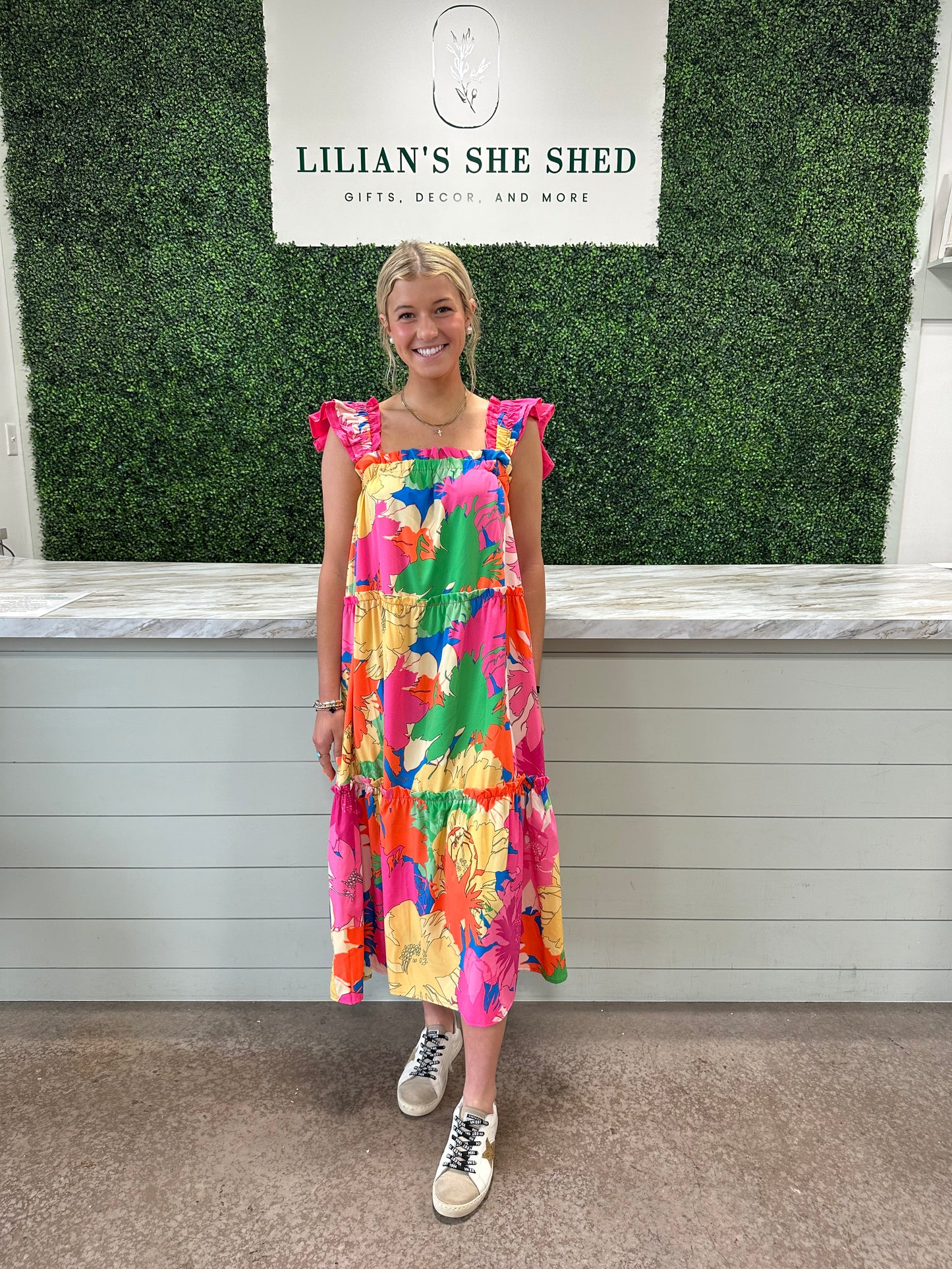 Bright Floral Flutter Strap Dress