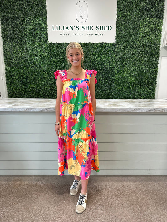 Bright Floral Flutter Strap Dress