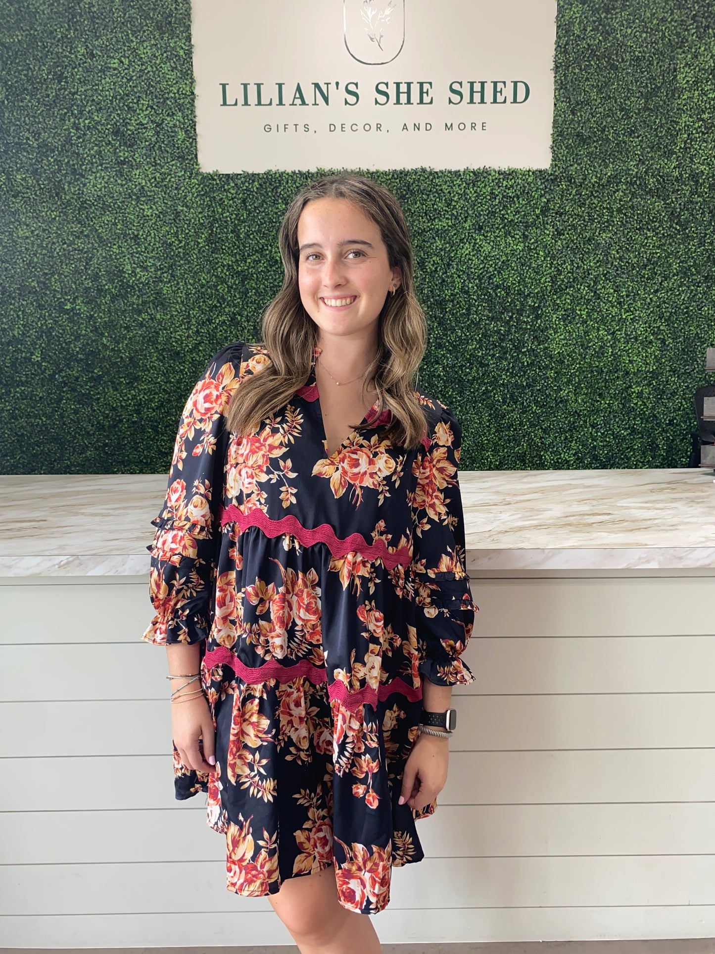 Black and Burgundy Floral Ric Rac Dress